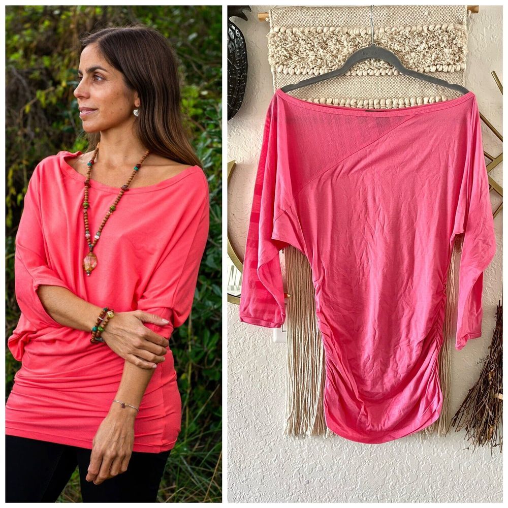 BEBE Ruched Blouse Barbie Pink Bebe Top Stretchy Top Size Small 3/4 Sleeves